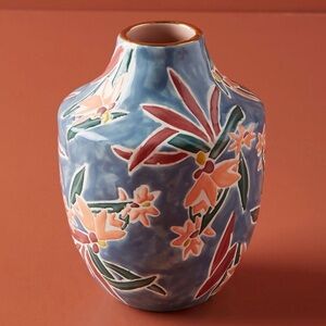 Anthropologie Mathilde Blue Pink Floral Vase w/ Gold Rim 6” - Home Decor